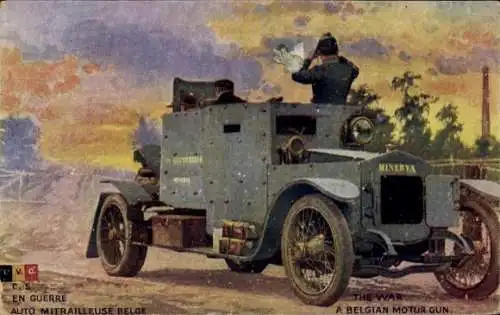 Künstler Ak En Guerre, Auto Mitrailleuse Belge, Belgian Motor Gun, Minerva