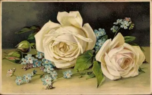 Präge Ak Rosenblüten, Vergissmeinnicht