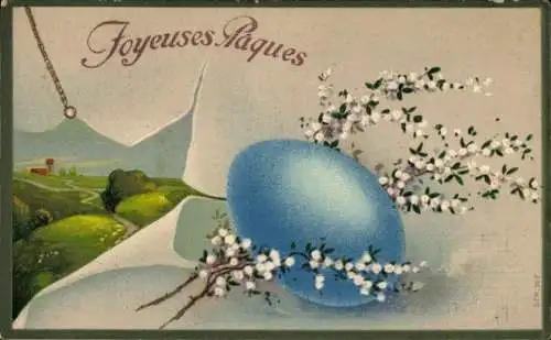 Ak Glückwunsch Ostern, Blaues Osterei, Landschaft, Blütenzweige