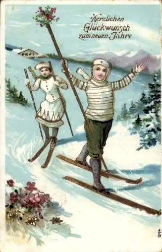 Ak Glückwunsch Neujahr, Winterlandschaft, Skifahrer