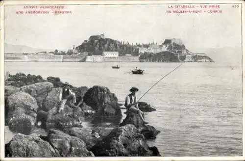 Ak Korfu Griechenland, Blick auf die Zitadelle von der Windmühle, Angler