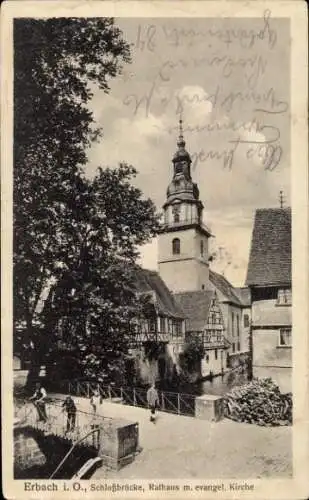 Ak Erbach im Odenwald Hessen, Schlossbrücke, Rathaus, evangelische Kirche