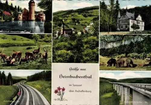 Ak Heimbuchenthal im Spessart, Schloss Mespelbrunn, Jagdschloss Rohrbrunn, Autobahnbrücke