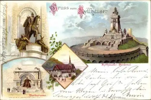 Litho Steinthaleben Kyffhäuserland, Denkmal, Barbarossa und Reiterstandbild, Wirtschaft