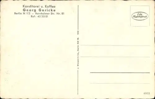 Ak Berlin Prenzlauer Berg, Konditorei und Kaffee Georg Gericke, Bornholmer Straße 81