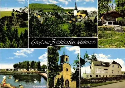 Ak Frickhofen Dornburg im Westerwald Hessen, Teilansicht, Kirche, Schwimmbad, Ferienheim