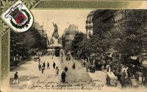 Ak Paris III, Rue Turbigo, Statue der Republik