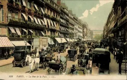 Ak Paris II., La Rue de la Paix, Kutschen, Geschäfte, Passanten