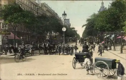Ak Paris II. Börsenviertel, Boulevard des Italians, Kreuzung, Verkehrsuhr