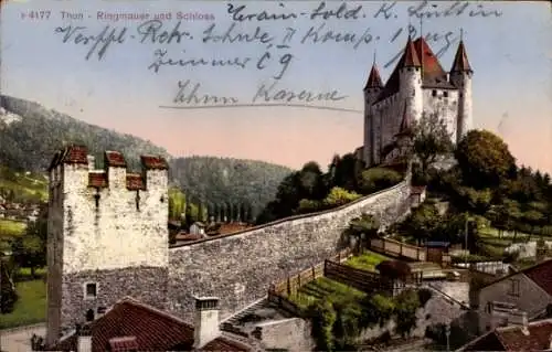 Ak Thun Kanton Bern Schweiz, Ringmauer und Schloss