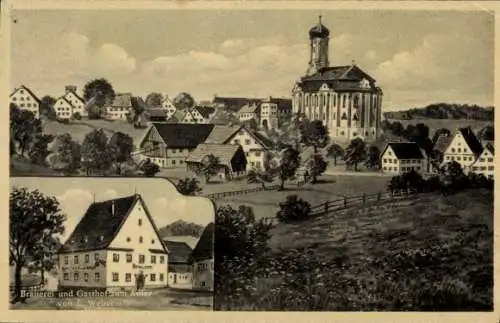 Ak Maria Steinbach Legau im Unterallgäu Schwaben, Wallfahrtskirche, Brauerei und Gasthof Adler