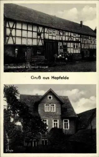 Ak Hopfelde Hessisch Lichtenau in Hessen, Gastwirtschaft Conrad Vaupel, Schule