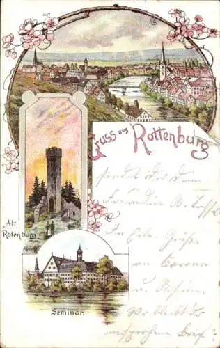 Litho Rottenburg am Neckar, Priesterseminar, Totalansicht, Turm