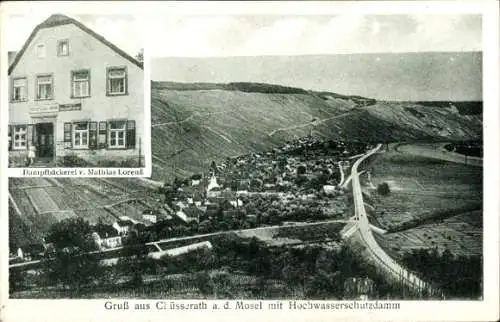 Ak Klüsserath an der Mosel, Panorama mit Hochwasserschutzdamm, Dampfbäckerei