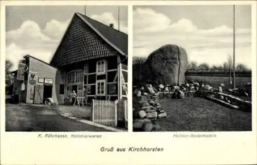 Ak Kirchhorsten Helpsen, Kolonialwarengeschäft K. Röhrkasse, Heldengedenkstein
