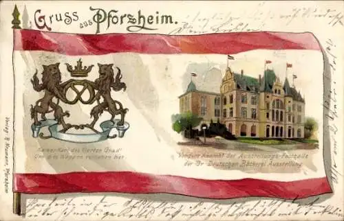 Wappen Litho Pforzheim im Schwarzwald Baden Württemberg, Bäckerei Ausstellung 23.06. bis 03.07.1900