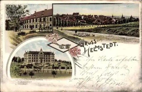 Litho Helmstedt in Niedersachsen, Landwirtschaftliche Haushaltungsschule, Ortspanorama