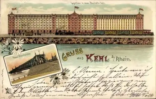 Litho Kehl am Rhein, Rheinhafen, Lagerhaus, Rheinbrücke