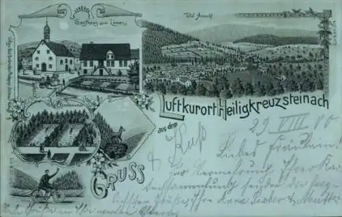 Mondschein Litho Heiligkreuzsteinach am Neckar, Gesamtansicht, Gasthaus zum Löwen