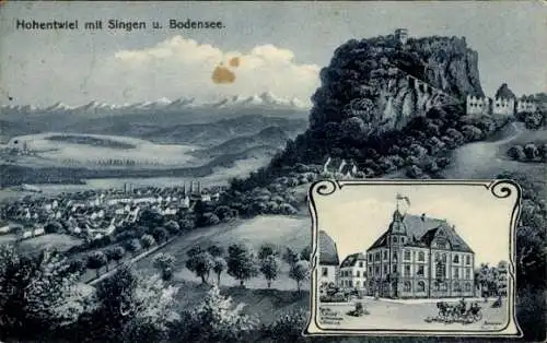 Litho Singen Hohentwiel Baden Württemberg, Gesamtansicht, Hotel