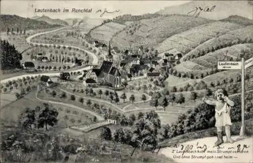 Litho Lautenbach im Renchtal Schwarzwald, Gesamtansicht, Wegweiser