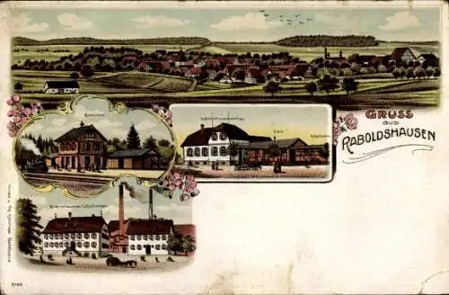 Litho Raboldshausen Neuenstein in Hessen, Bahnhof, Spinnerei