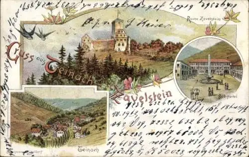 Litho Bad Teinach Zavelstein im Schwarzwald, Ruine Zavelstein, Badhotel