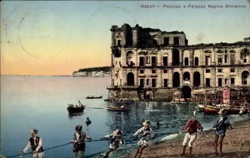 Ak Napoli Campania, Posilipo e Palazzo Regina Givanna, Männer ziehen Seil