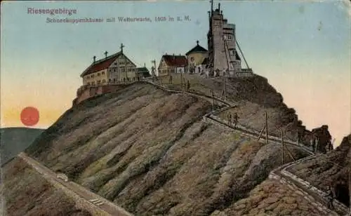 Ak Malá Úpa Kleinaupa Riesengebirge Region Königgrätz, Schneekoppenhäuser mit Wetterwarte