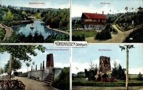 Ak Mühlhausen in Thüringen, Stadtpark, Parkhaus, Goldfischteich, Schillerstein, Denkmal