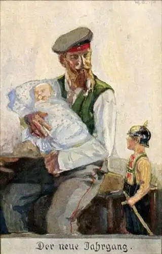 Ak Der neue Jahrgang, deutscher Soldat in Uniform mit Baby, Sohn in Uniform