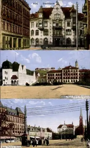Ak Aue im Erzgebirge Sachsen, Stadthaus, Neue Post, Bürgerschule, Markt, Kirche