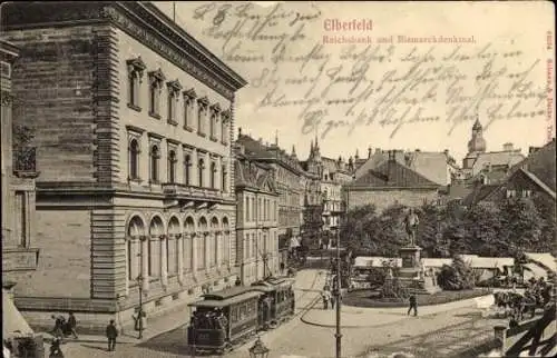 Ak Elberfeld Wuppertal, Reichsbank, Bismarckdenkmal, Straßenbahn