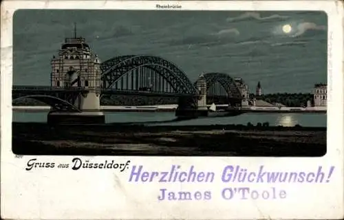 Mondschein Litho Düsseldorf am Rhein, Rheinbrücke