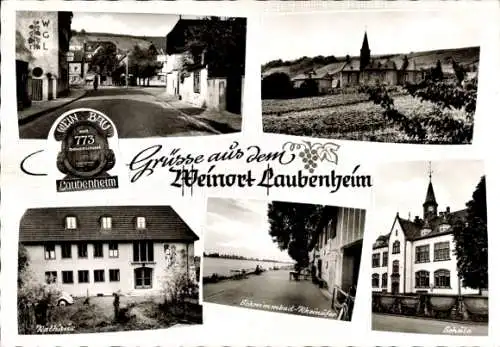 Ak Laubenheim Mainz in Rheinland Pfalz, Rathaus, Schule, Kirche, Schwimmbad Rheinufer