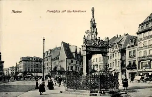 Ak Mainz am Rhein, Marktplatz, Marktbrunnen, Geschäft J.C. Willms, Passanten