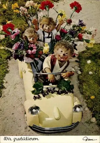 Ak Mecki der Igel, Wir gratulieren, Cabriolet, Igelkinder, Blumen