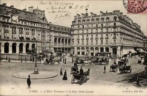 Ak Paris VIII, Gare Saint Lazare, Hotel Terminus, Kutsche