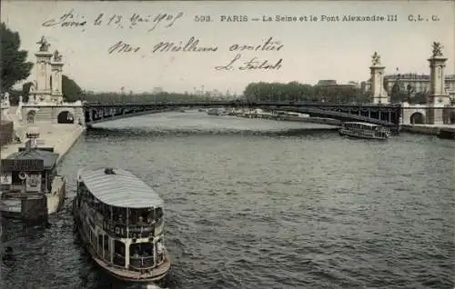 Ak Paris VIIIe Élysée, Pont Alexandre III, Seine