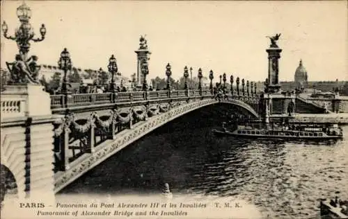 Ak Paris VIIIe Élysée, Panorama der Pont Alexandre III und des Invalidendoms