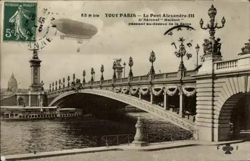 Ak Paris VIIIe Élysée, Brücke Alexandre III, Malecot-Luftschiff