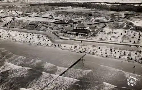 Ak Nordseebad Norderney Ostfriesland, Nordstrand mit Cafe Cornellius, Fliegeraufnahme