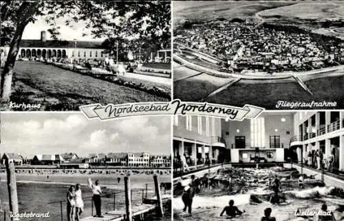 Ak Nordseebad Norderney Ostfriesland, Kurhaus, Fliegeraufnahme, Weststrand, Wellenbad