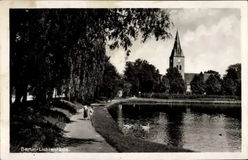 Ak Berlin Tempelhof Lichtenrade, Partie am See, Kirche, Schwan