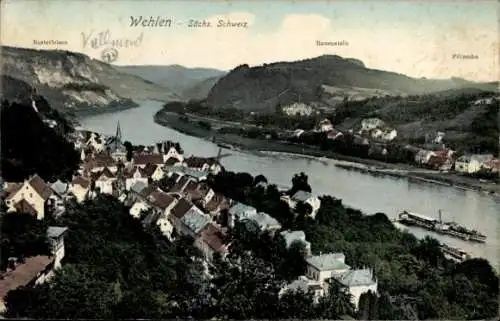 Ak Wehlen an der Elbe Sachsen, Rauenstein, Salondampfer an Anlegestelle, Blick auf den Ort