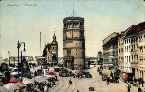 Ak Düsseldorf am Rhein, Rheinpromenade, Rheinufer, Straßenbahn, Markt