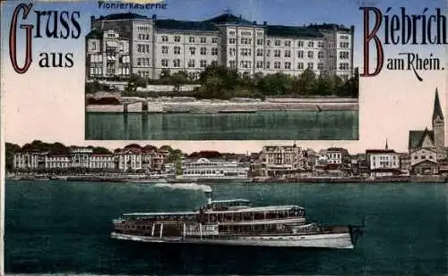 Ak Biebrich am Rhein Wiesbaden, Teilansicht, Pionierkaserne, Schiff
