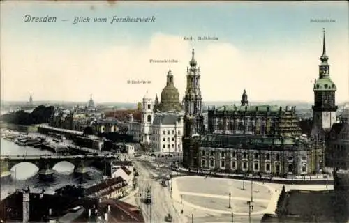 Ak Dresden Altstadt, Blick vom Fernheizwerk, Ständehaus, Frauenkirche, Katholische Hofkirche