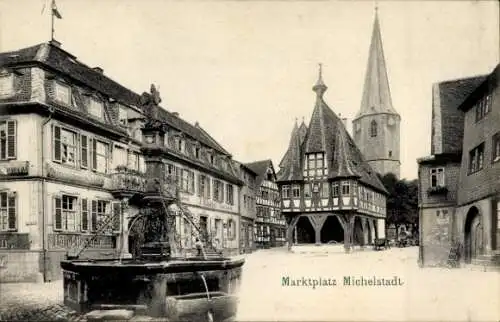 Ak Michelstadt im Odenwald, Marktplatz, Brunnen, Turm