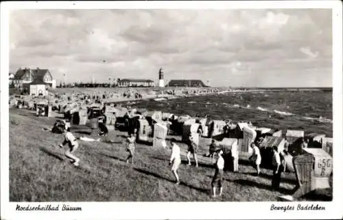 Ak Nordseebad Büsum, bewegtes Badeleben, Leuchtturm